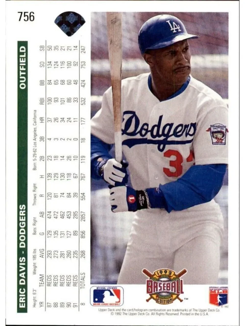 Eric Davis 1992 Upper Deck MLB #756 Baseball Card Los Angeles Dodgers